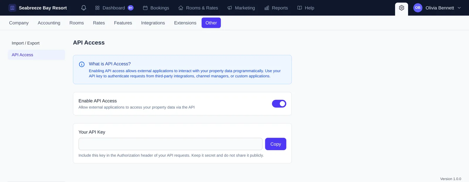 API Access settings with an Enable API Access switch and the API key field with a Copy button