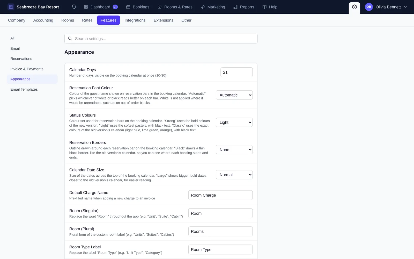 Appearance settings for calendar days, reservation font colour, status colours, reservation borders, calendar date size, default charge name and custom room labels