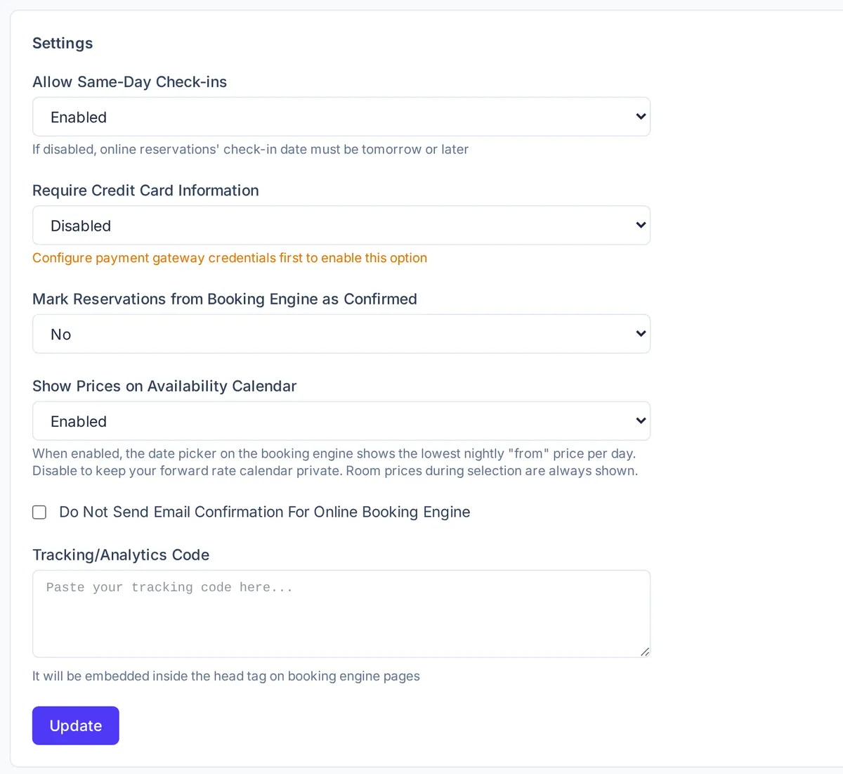 Booking engine settings: allow same-day check-ins, require credit card information, mark reservations as confirmed, show prices on the availability calendar, disable email confirmation and tracking code
