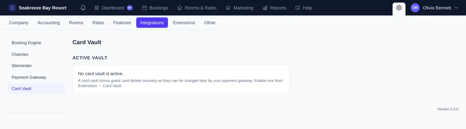 Card Vault settings showing that no card vault is active yet, with instructions to enable one from Extensions