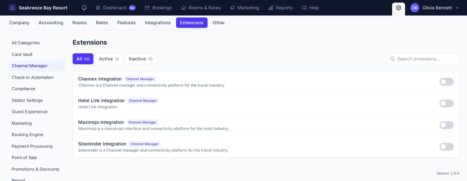 Extensions filtered to Channel Manager: Channex Integration, Hotel Link Integration, Maximojo Integration and Siteminder Integration