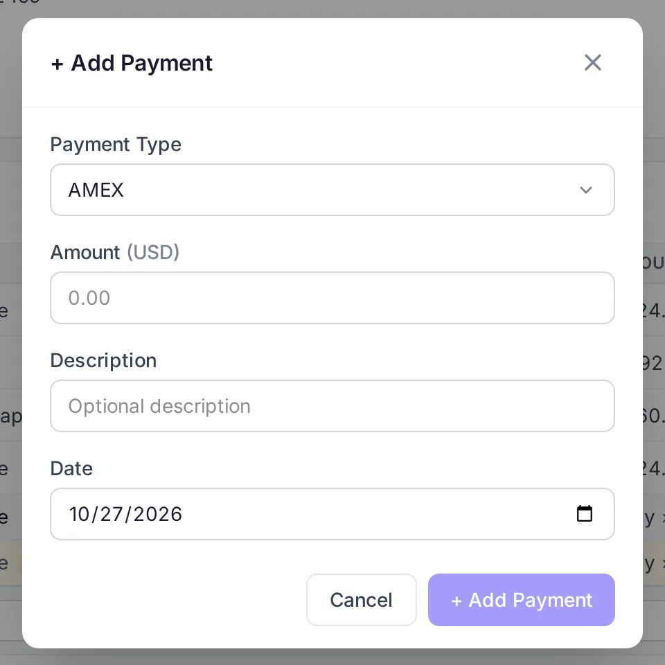 Add Payment dialog with payment type, amount, description and date fields