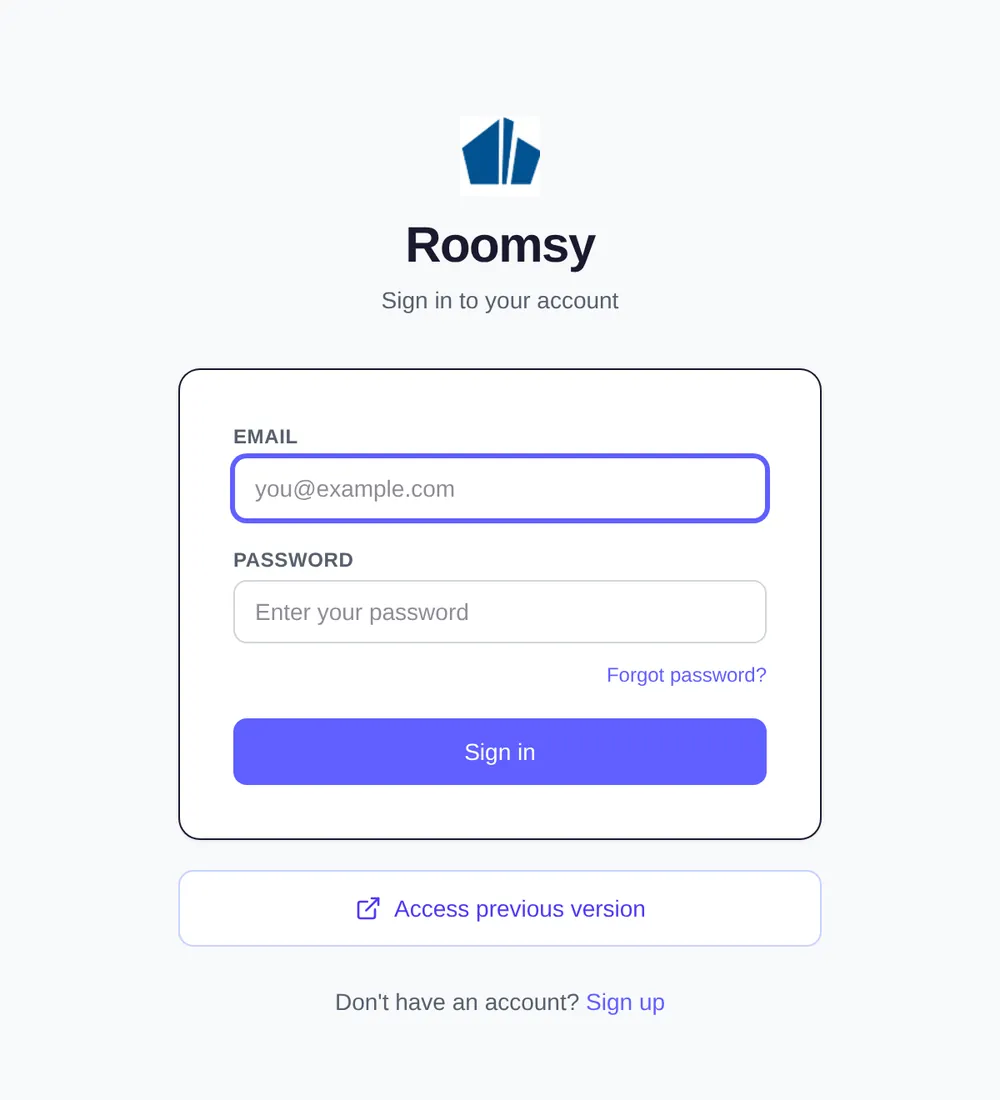 Roomsy sign-in page with email and password fields