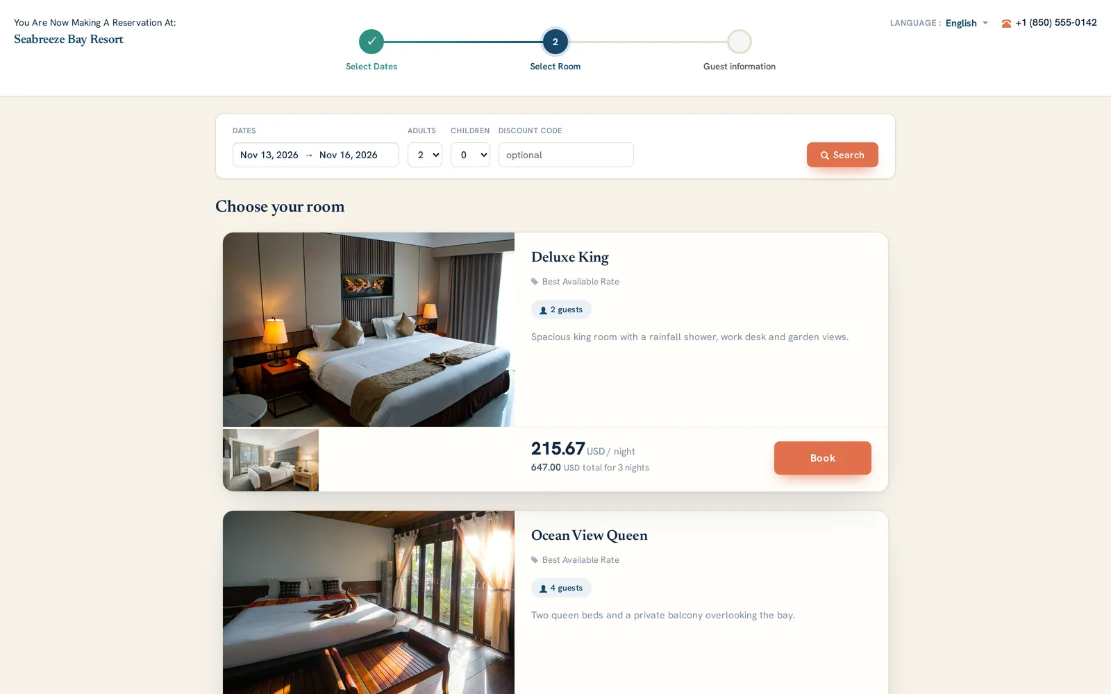 Booking engine step 2: room types with photos, descriptions, guest capacity, nightly price and Book buttons