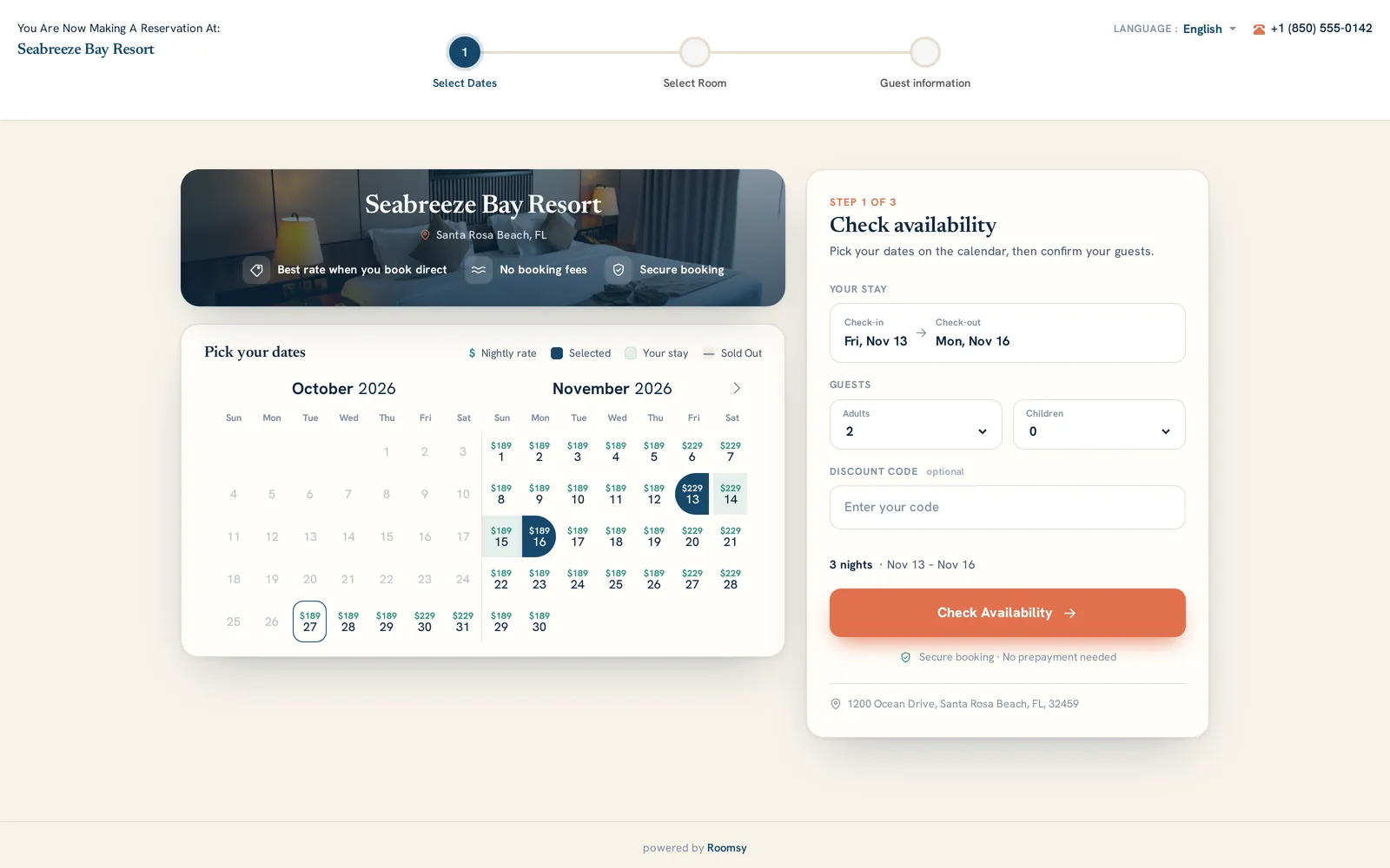 Booking engine step 1: a calendar with nightly prices and a check availability panel for Seabreeze Bay Resort