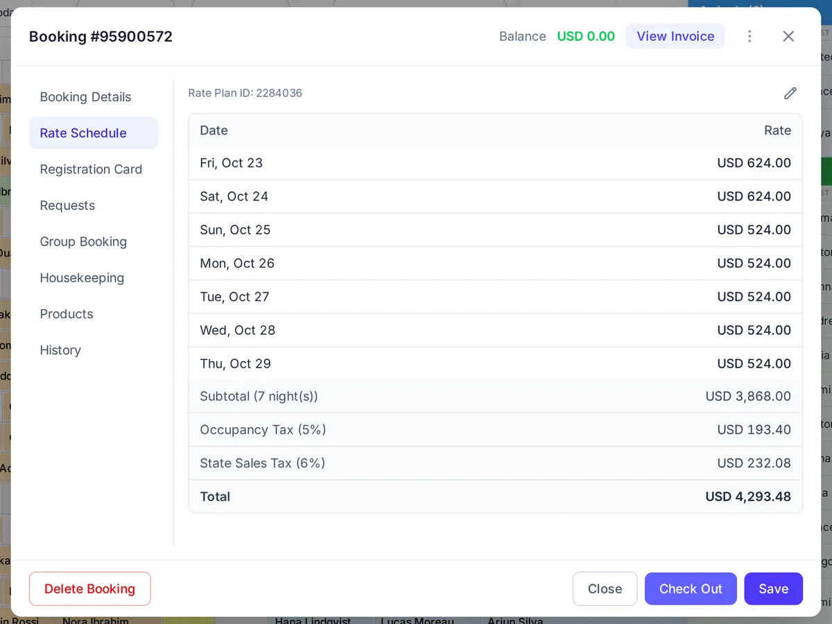 Rate Schedule tab listing the nightly rate for each of seven nights, the subtotal, occupancy tax, state sales tax and total