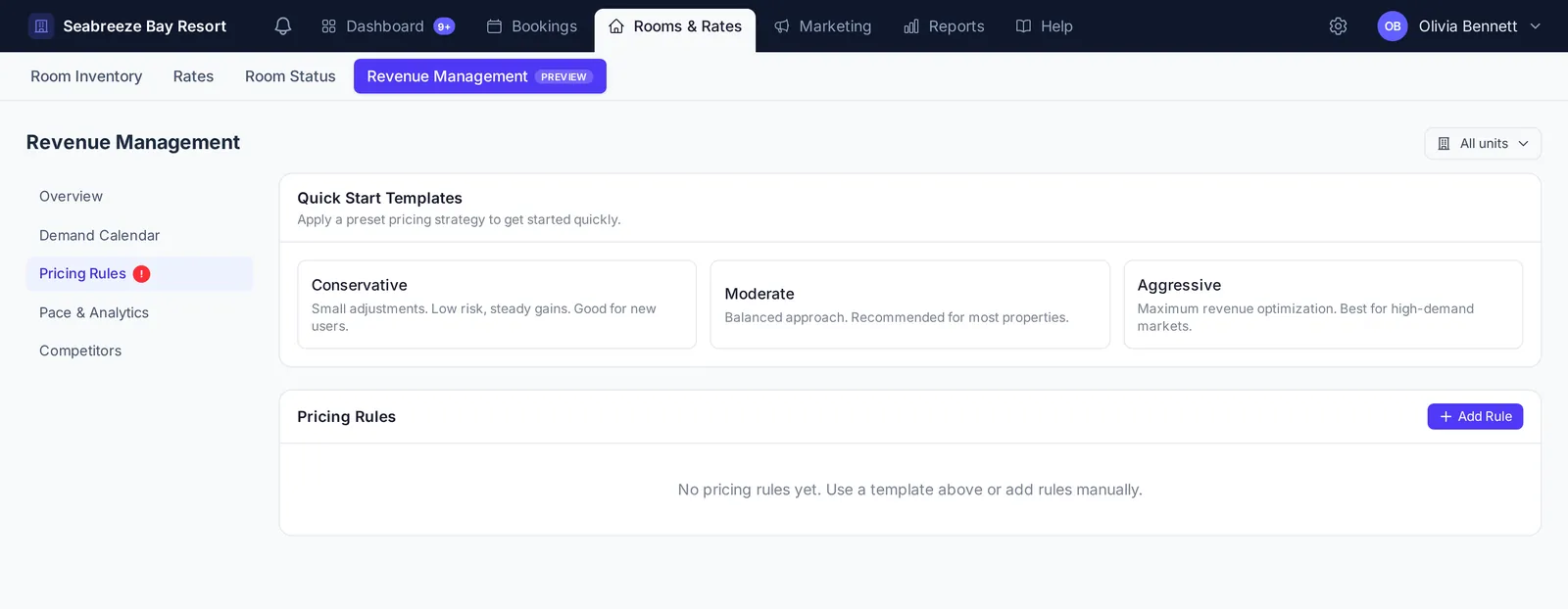 Pricing Rules page with Conservative, Moderate and Aggressive quick start templates and an Add Rule button