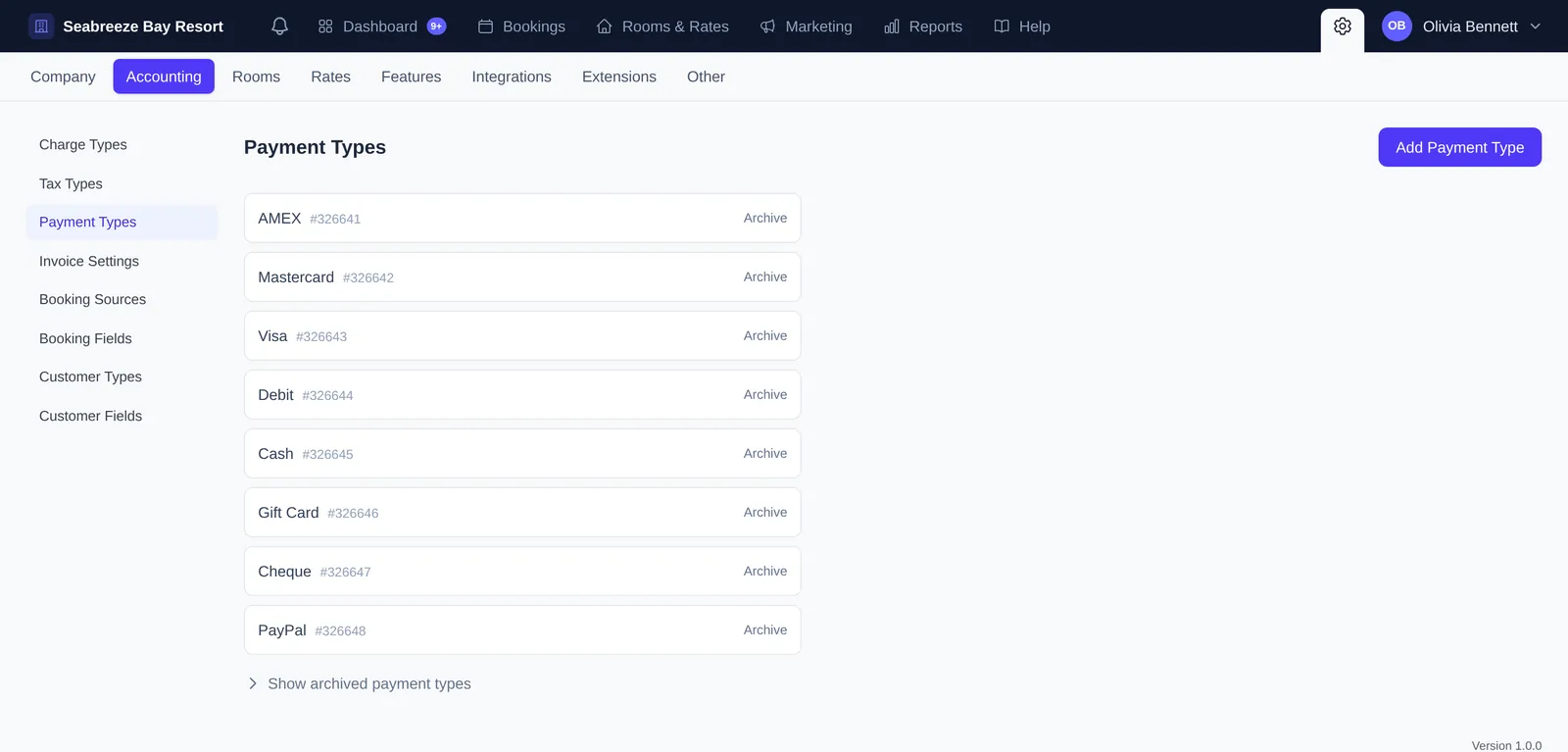 Payment Types settings listing AMEX, Mastercard, Visa, Debit, Cash, Gift Card, Cheque and PayPal