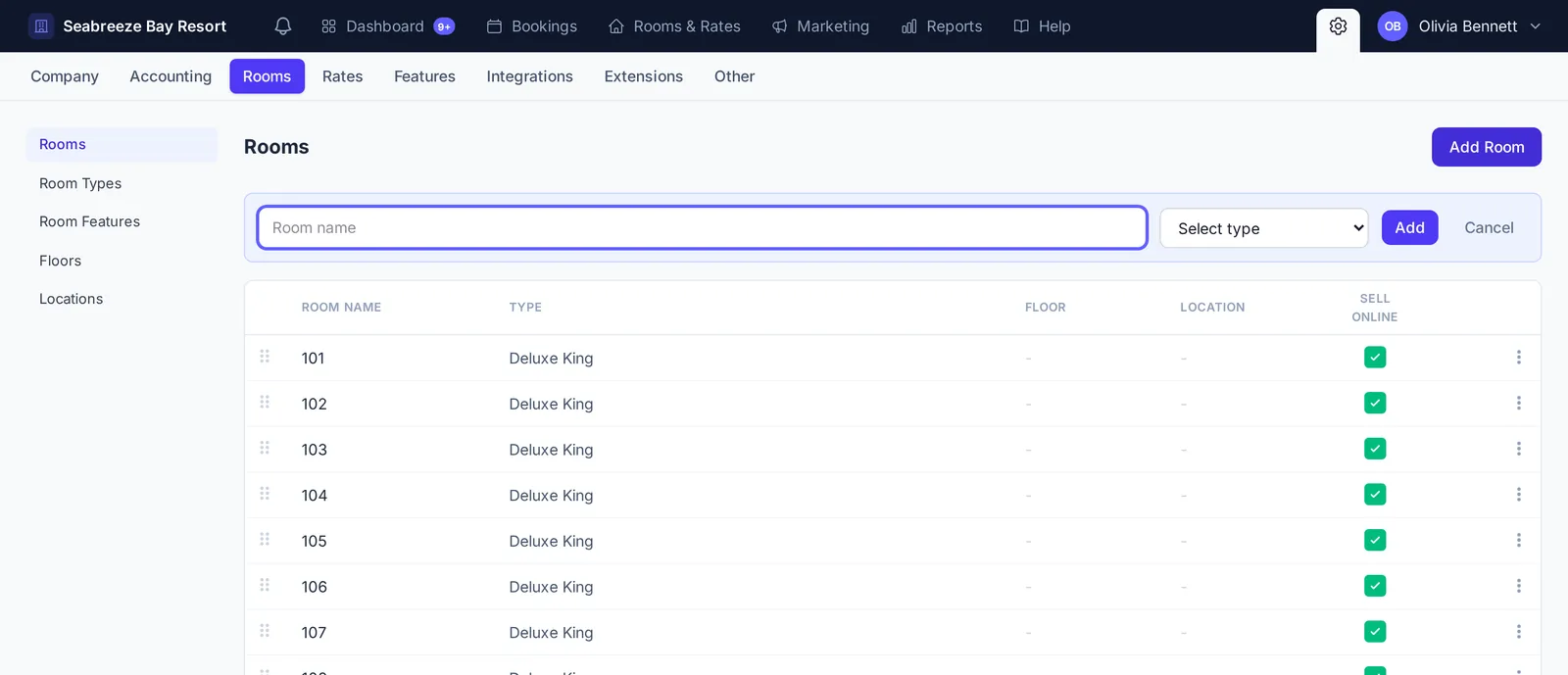 Rooms settings listing each room with its type, floor, location and a Sell Online checkbox, with the Add Room form open