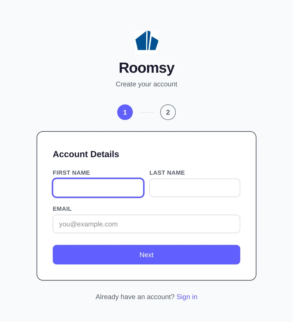 Roomsy sign-up page, step 1: account details with first name, last name and email
