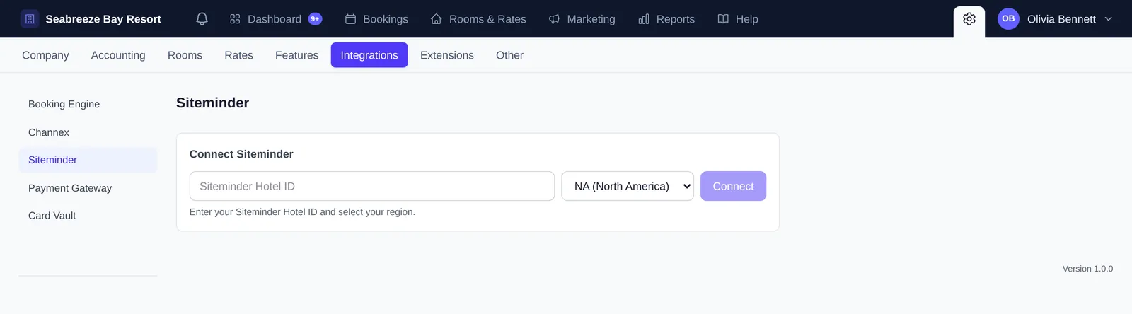 SiteMinder settings with a hotel ID field, region selector and Connect button