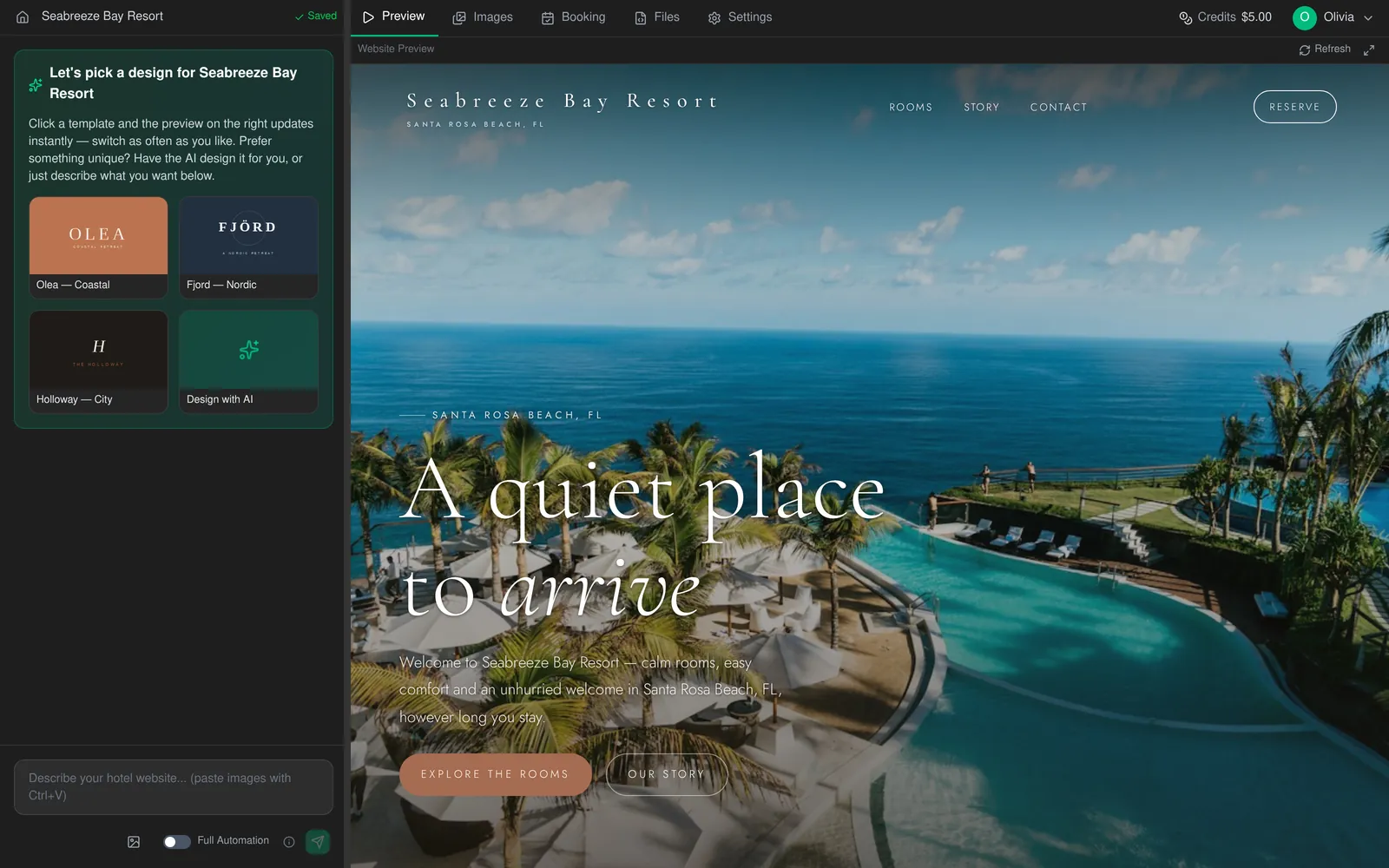 Roomsy Pages builder with design choices and a chat on the left and a live preview of the hotel website on the right