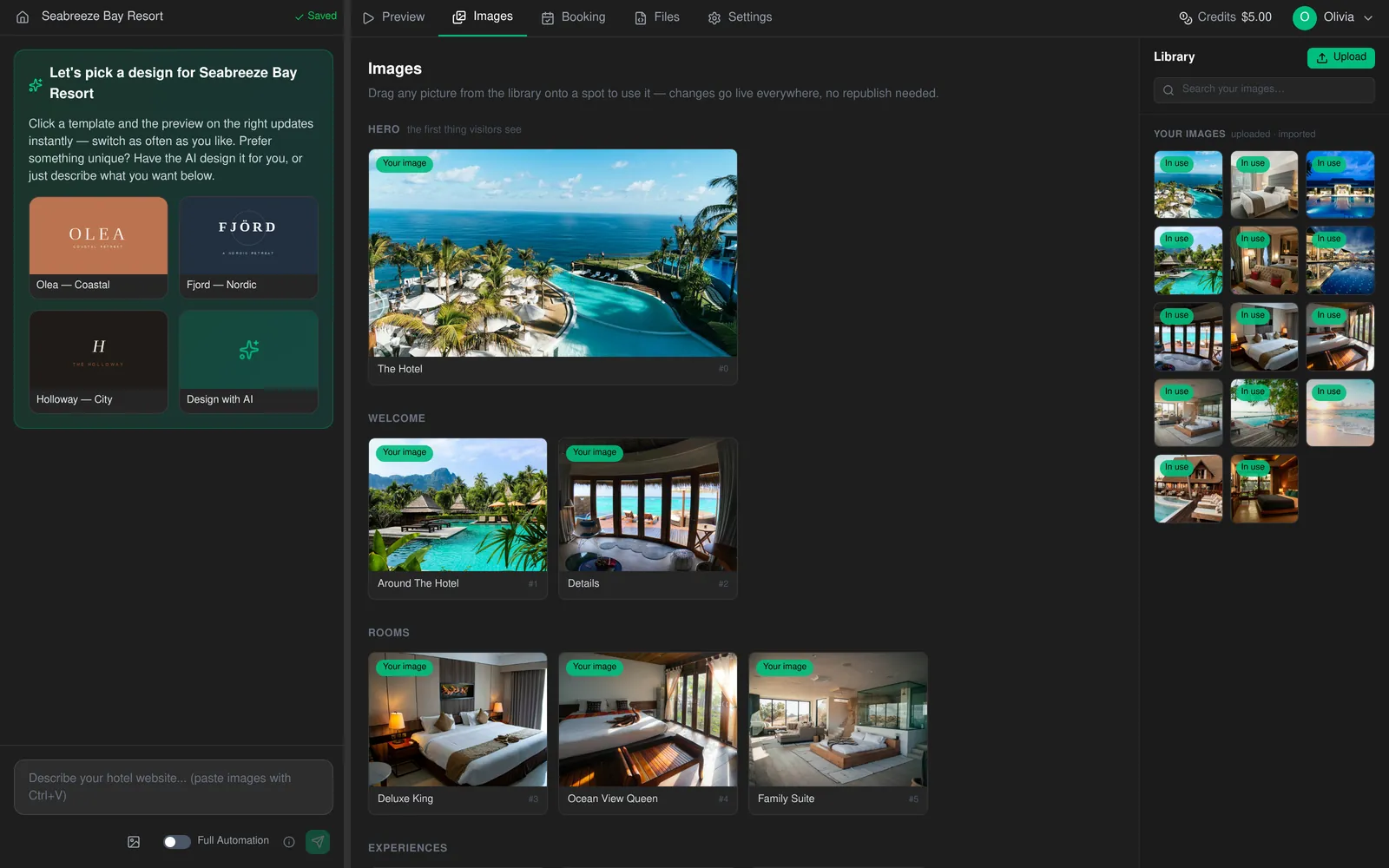 Images tab of the Roomsy Pages builder with the site’s photo slots and the photo library