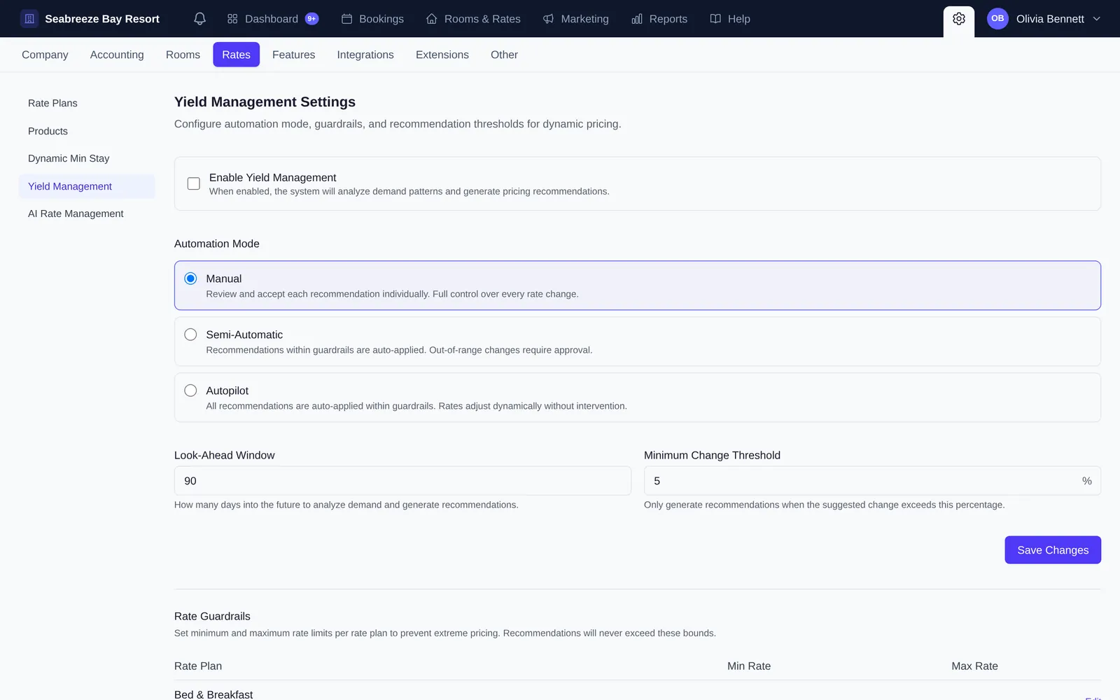 Yield Management settings with enable switch, automation mode options, look-ahead window, minimum change threshold and rate guardrails per rate plan